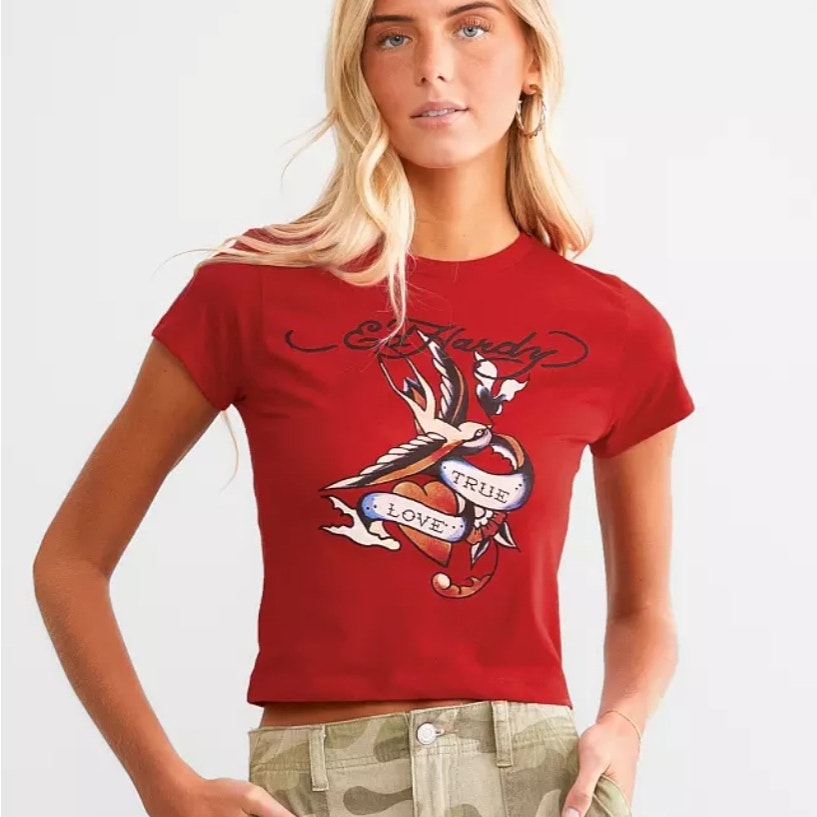 Women Ed Hardy Red Love Bird Baby Cropped Tee Shirt Top M Tattoo Baddie New